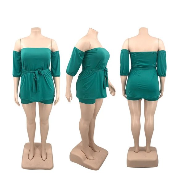 Plus Size Orange One-Shoulder Solid Color Strap Shorts Two-Pieces - Picture 7 of 13